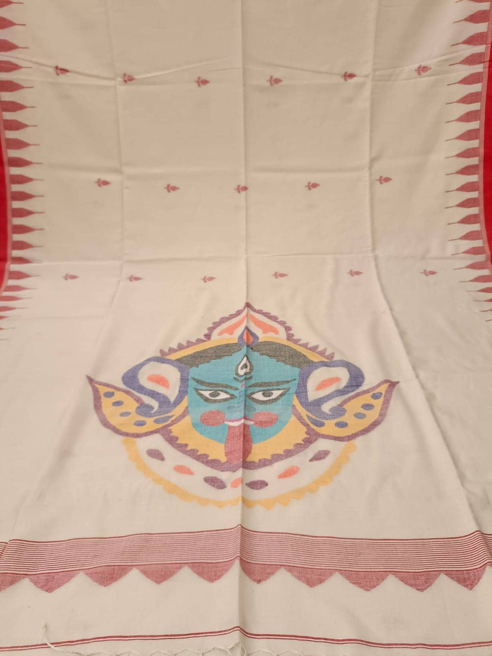 Kali Pujo Special: White & Red soft Handspun, Handwoven Jamdani cotton saree Balaram Saha