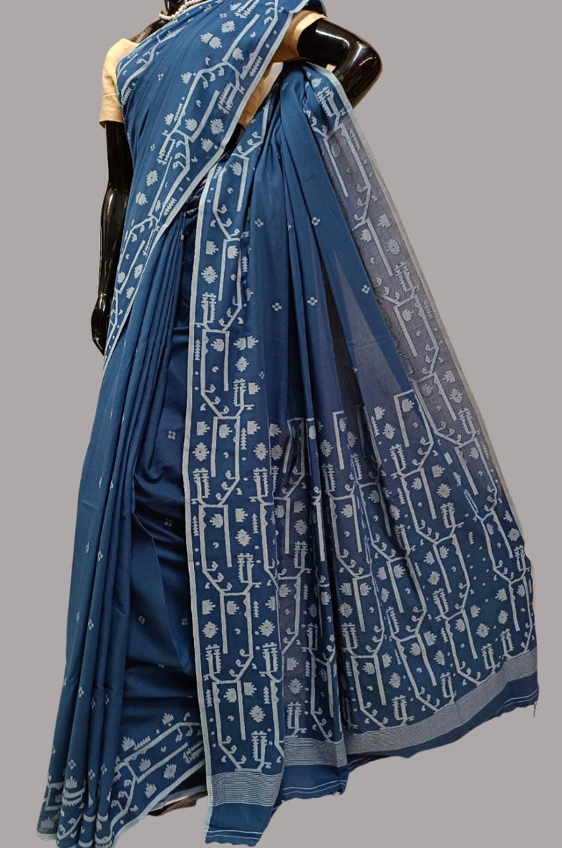 Blue Handloom Handspun Soft Muslin Cotton Saree Balaram Saha
