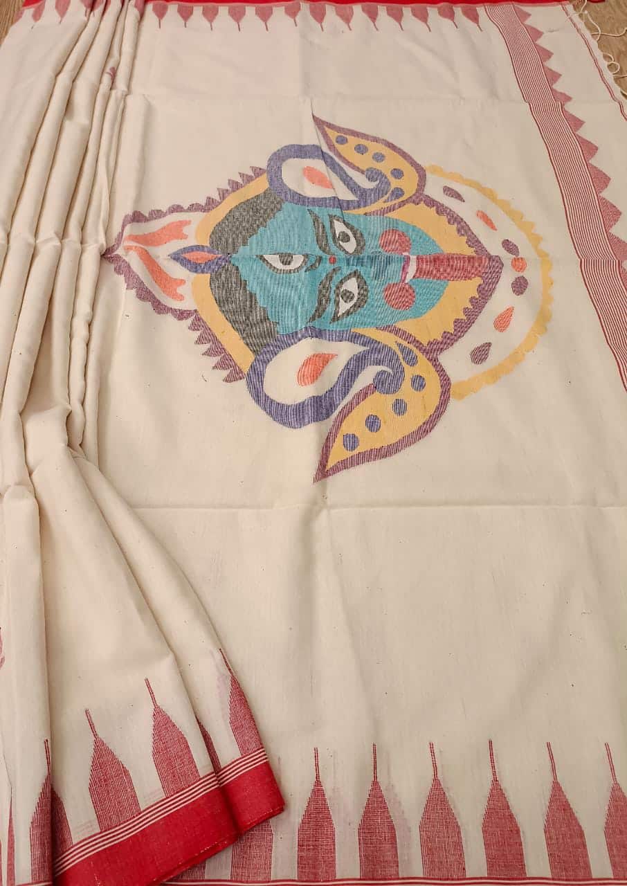 Kali Pujo Special: White & Red soft Handspun, Handwoven Jamdani cotton saree Balaram Saha