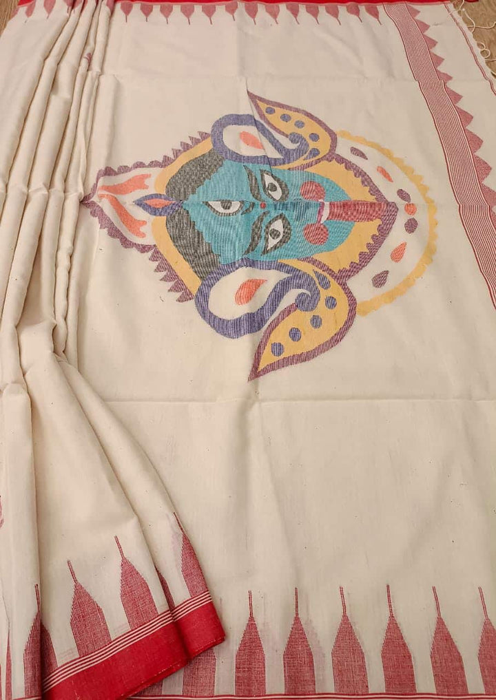 Kali Pujo Special: White & Red soft Handspun, Handwoven Jamdani cotton saree Balaram Saha