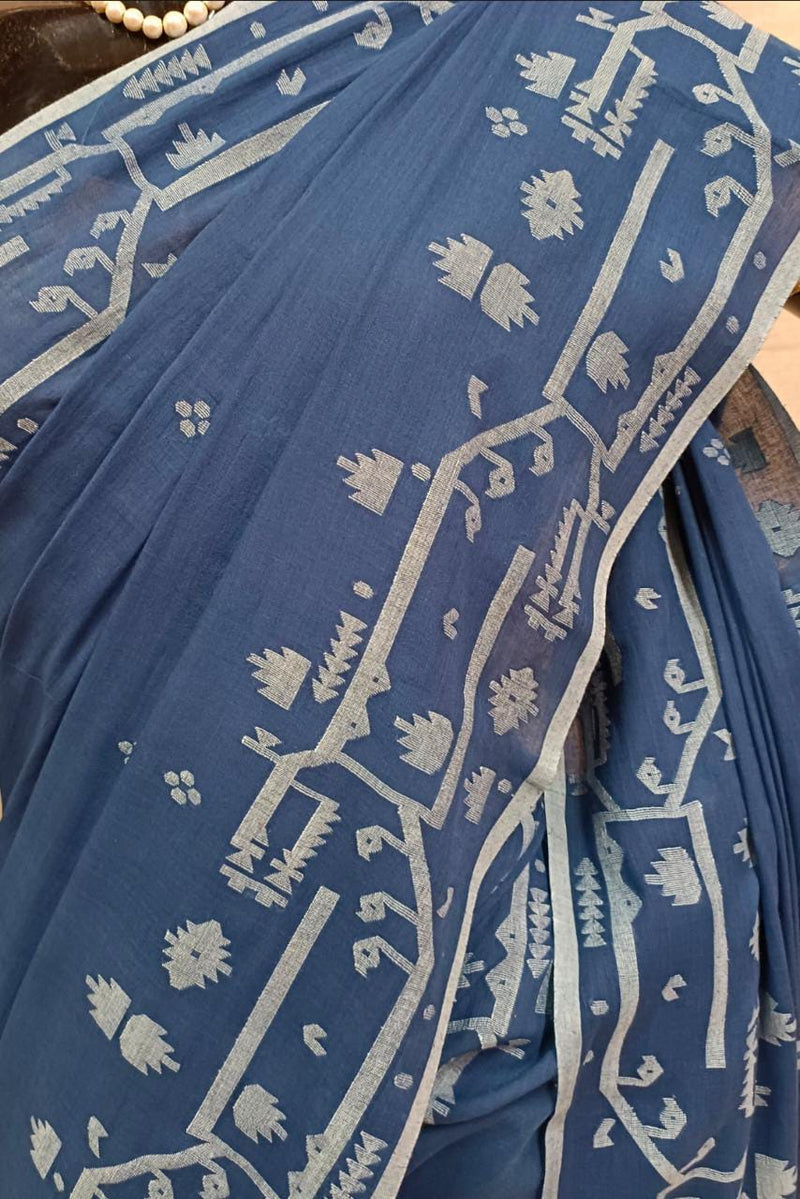 Blue Handloom Handspun Soft Muslin Cotton Saree Balaram Saha