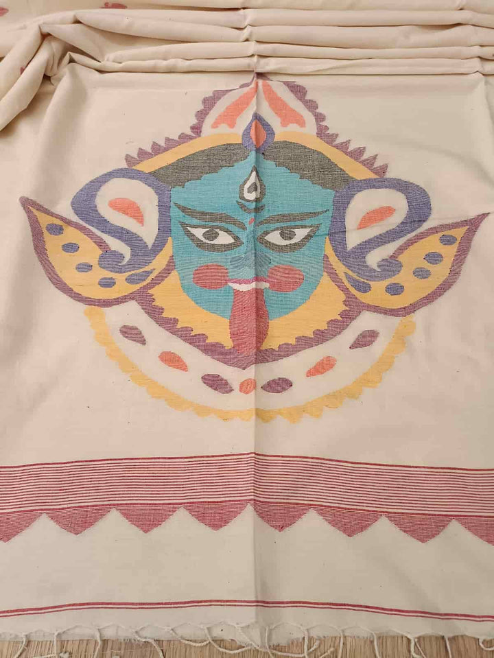 Kali Pujo Special: White & Red soft Handspun, Handwoven Jamdani cotton saree Balaram Saha