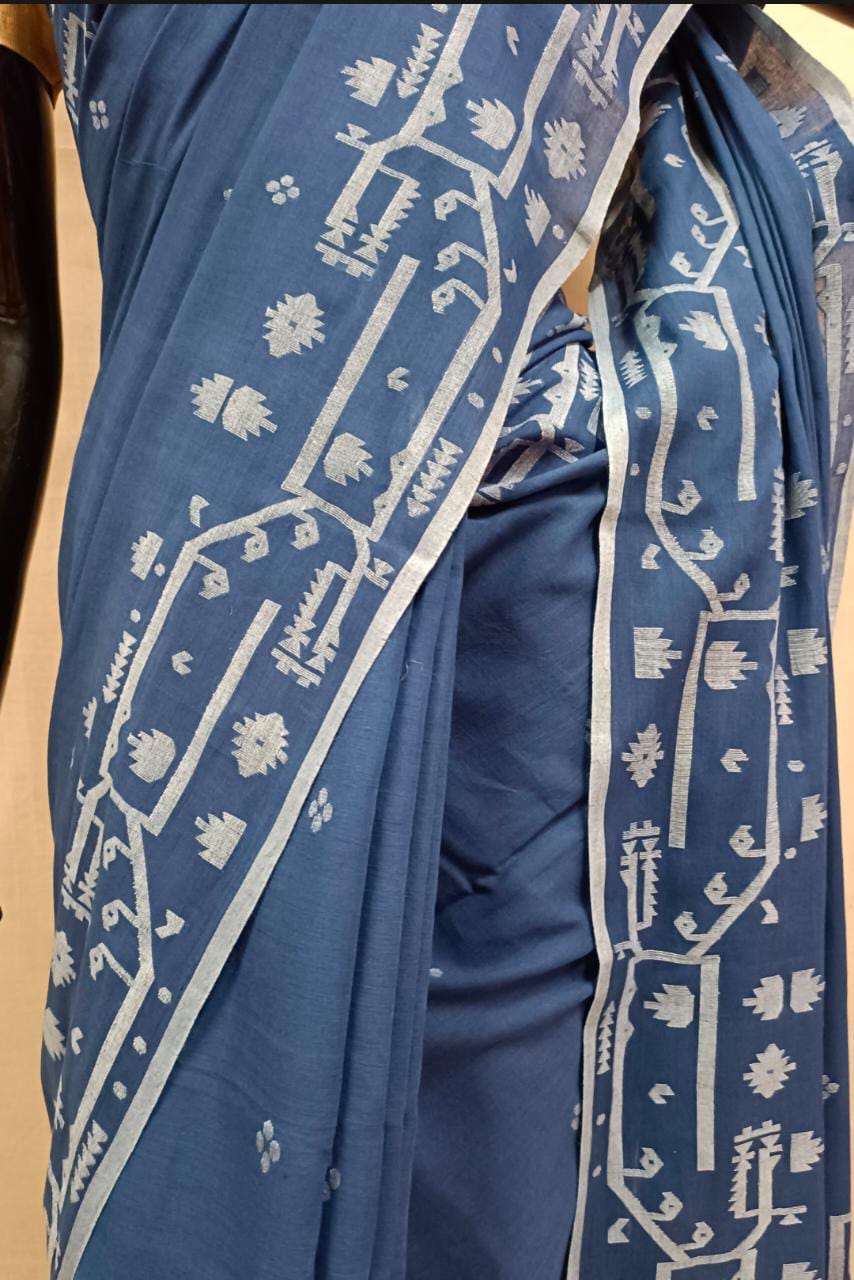Blue Handloom Handspun Soft Muslin Cotton Saree Balaram Saha