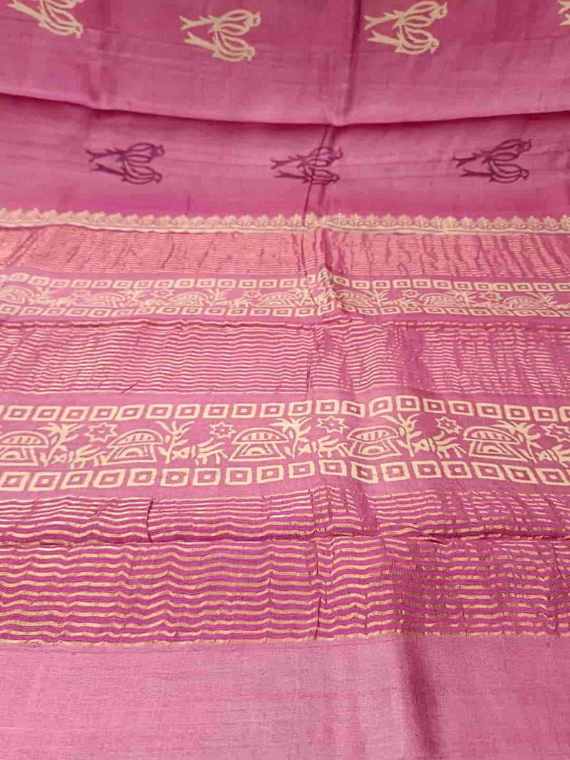 Onion Pink Tussar silk Handblock Print With Bird Motifs All Over The Body Balaram Saha