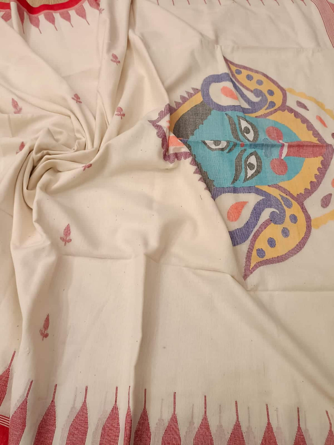 Kali Pujo Special: White & Red soft Handspun, Handwoven Jamdani cotton saree Balaram Saha