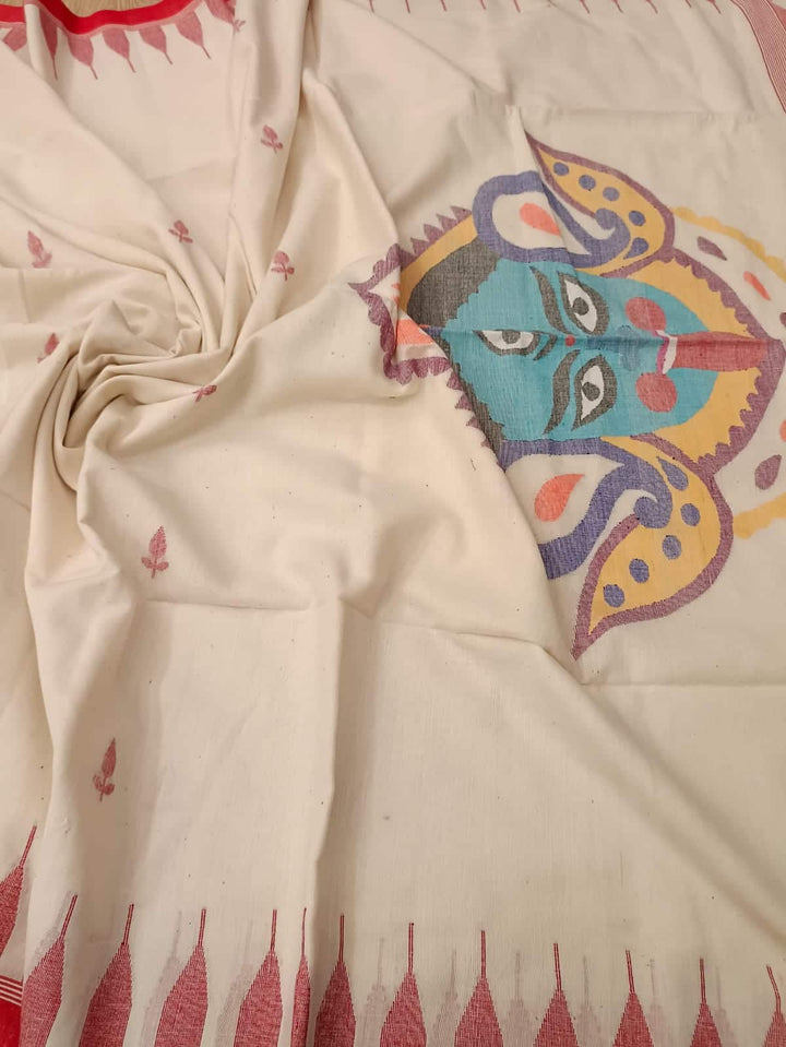 Kali Pujo Special: White & Red soft Handspun, Handwoven Jamdani cotton saree Balaram Saha