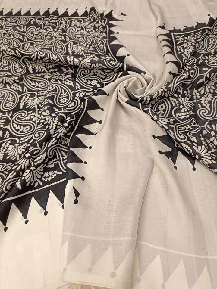 Black & White Pure Bengal Silk Handblock print saree with broad white border & paisley print on body & Aanchal. Contrast, black colour blouse piece included.