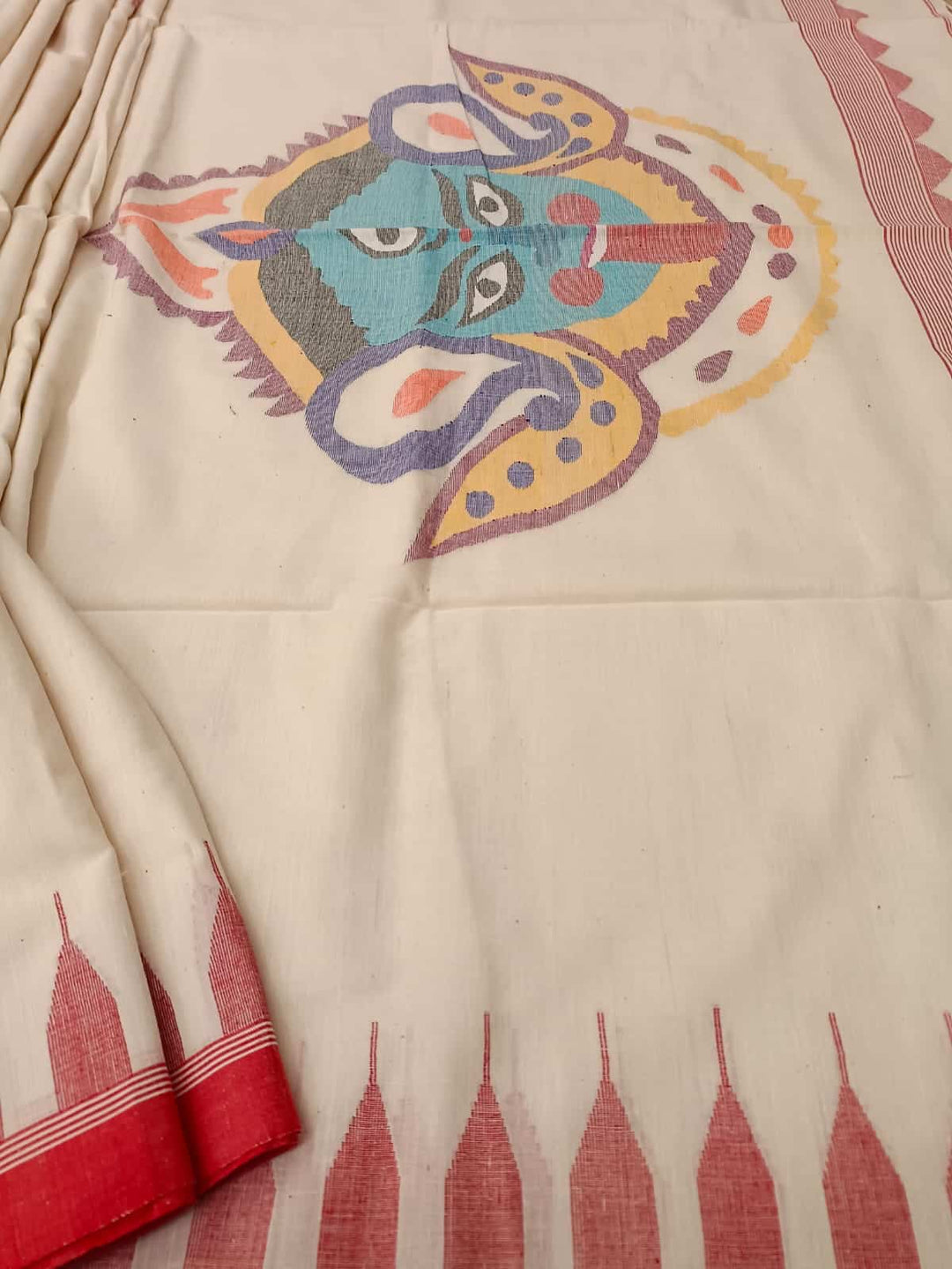 Kali Pujo Special: White & Red soft Handspun, Handwoven Jamdani cotton saree Balaram Saha