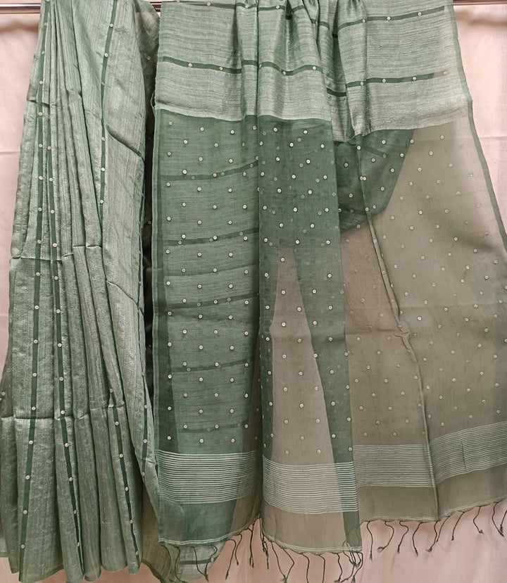 Green Matka Muslin Silk saree with sequin handwoven Balaram Saha