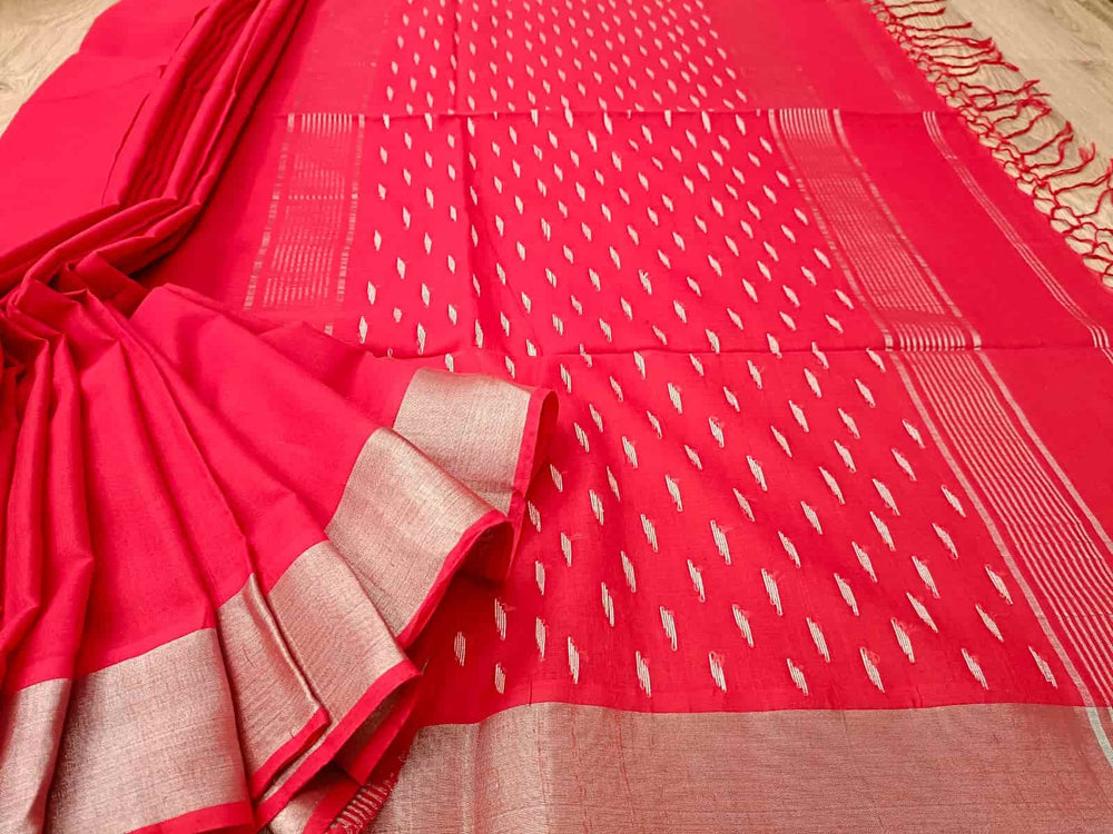 Soft cotton red & white saree with silver zari border Balaram Saha