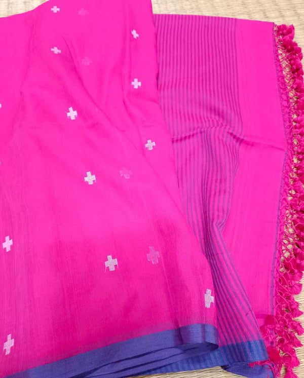 Deep Pink  Handloom Super Soft Cotton Saree With White Border  and  Dhakai woven Bootis on Body and Stripes Aanchal, No Blouse