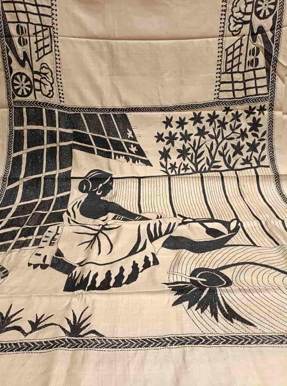 Exclusive Natural Shade & Black, Tussar Silk Kantha Saree With Black Thread Balaram Saha