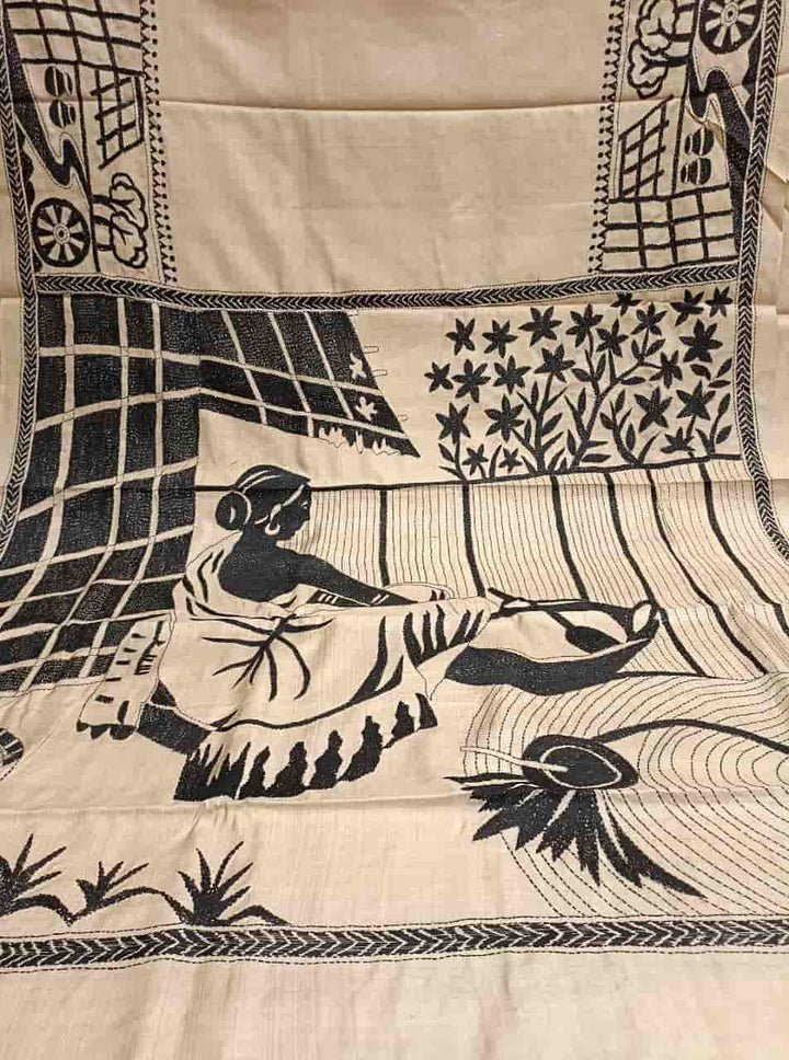 Exclusive Natural Shade & Black, Tussar Silk Kantha Saree With Black Thread Balaram Saha
