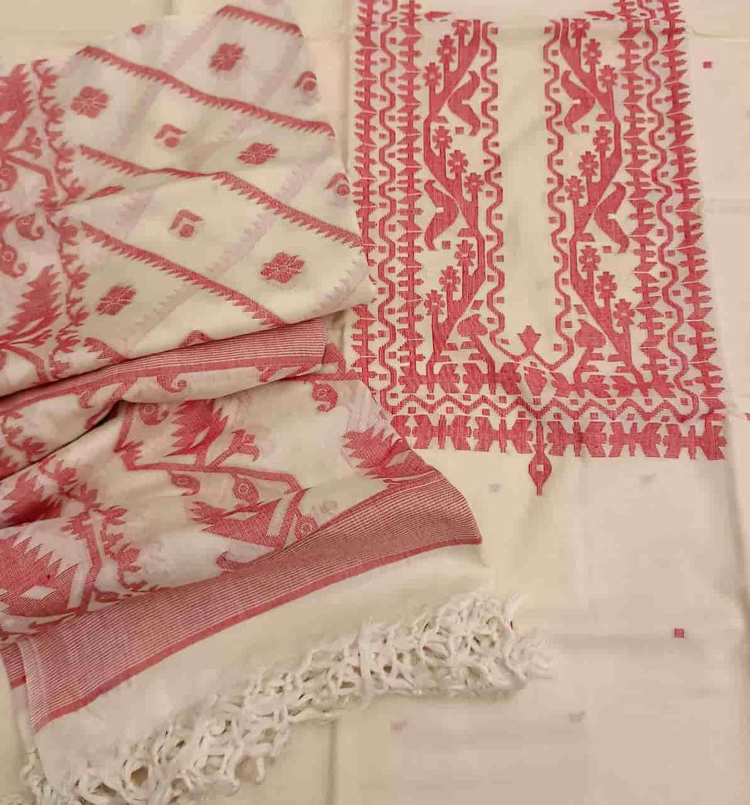 SOFT COTTON UNSTITCHED WHITE & RED JAMDANI 2 PIECE SET Balaram Saha