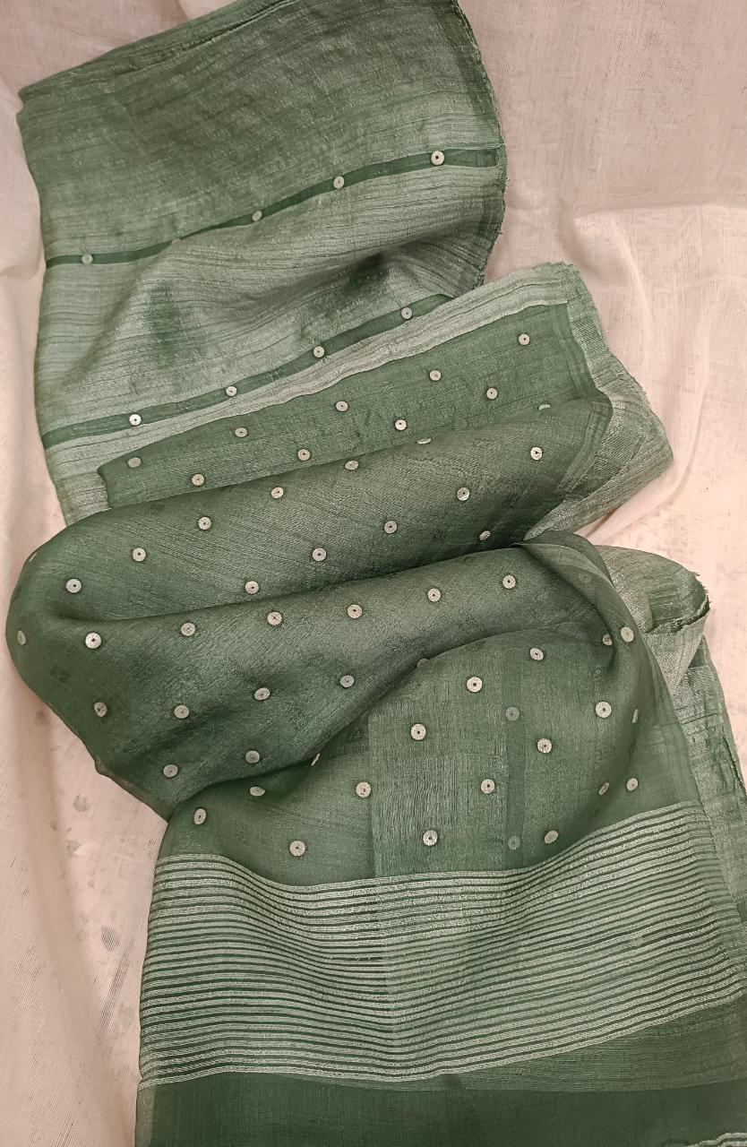 Green Matka Muslin Silk saree with sequin handwoven Balaram Saha