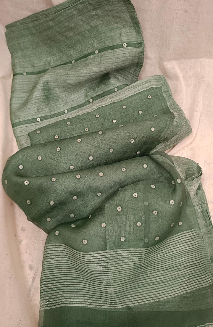 Green Matka Muslin Silk saree with sequin handwoven Balaram Saha