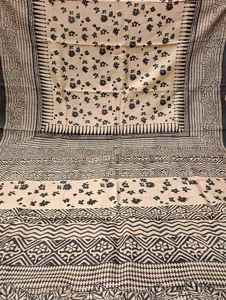 Cream & Black, Tussar Silk saree Balaram Saha