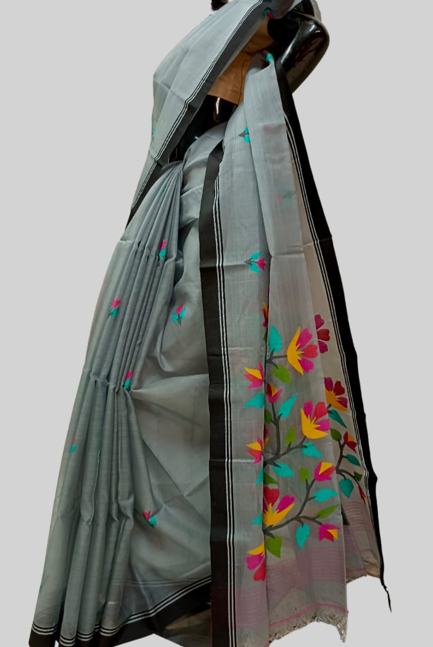 Grey & Black  Handloom Muslin Silk Jamdani Saree Balaram Saha