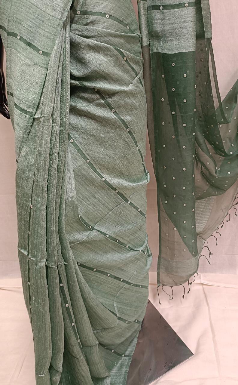 Green Matka Muslin Silk saree with sequin handwoven Balaram Saha