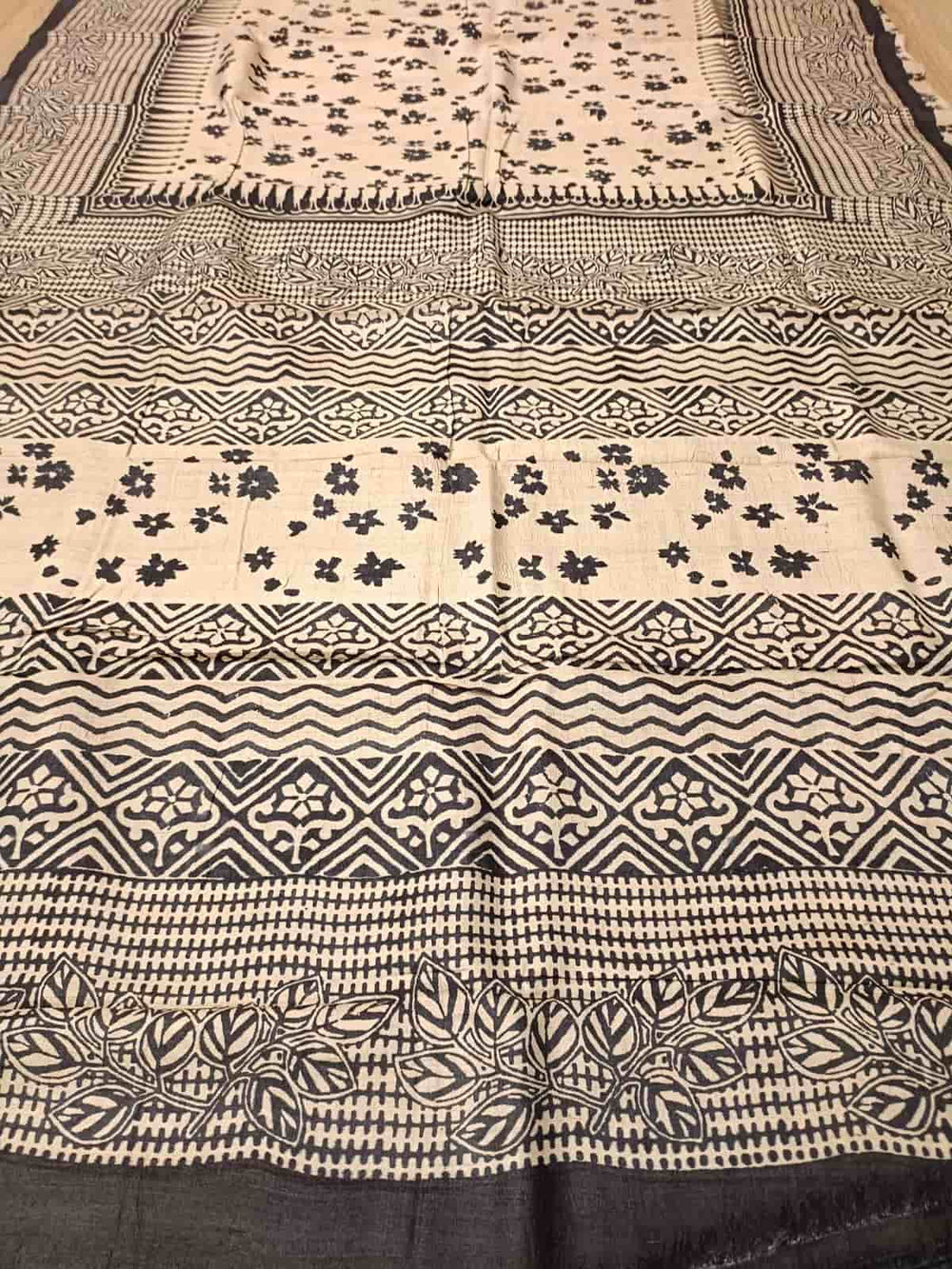 Cream & Black, Tussar Silk saree Balaram Saha