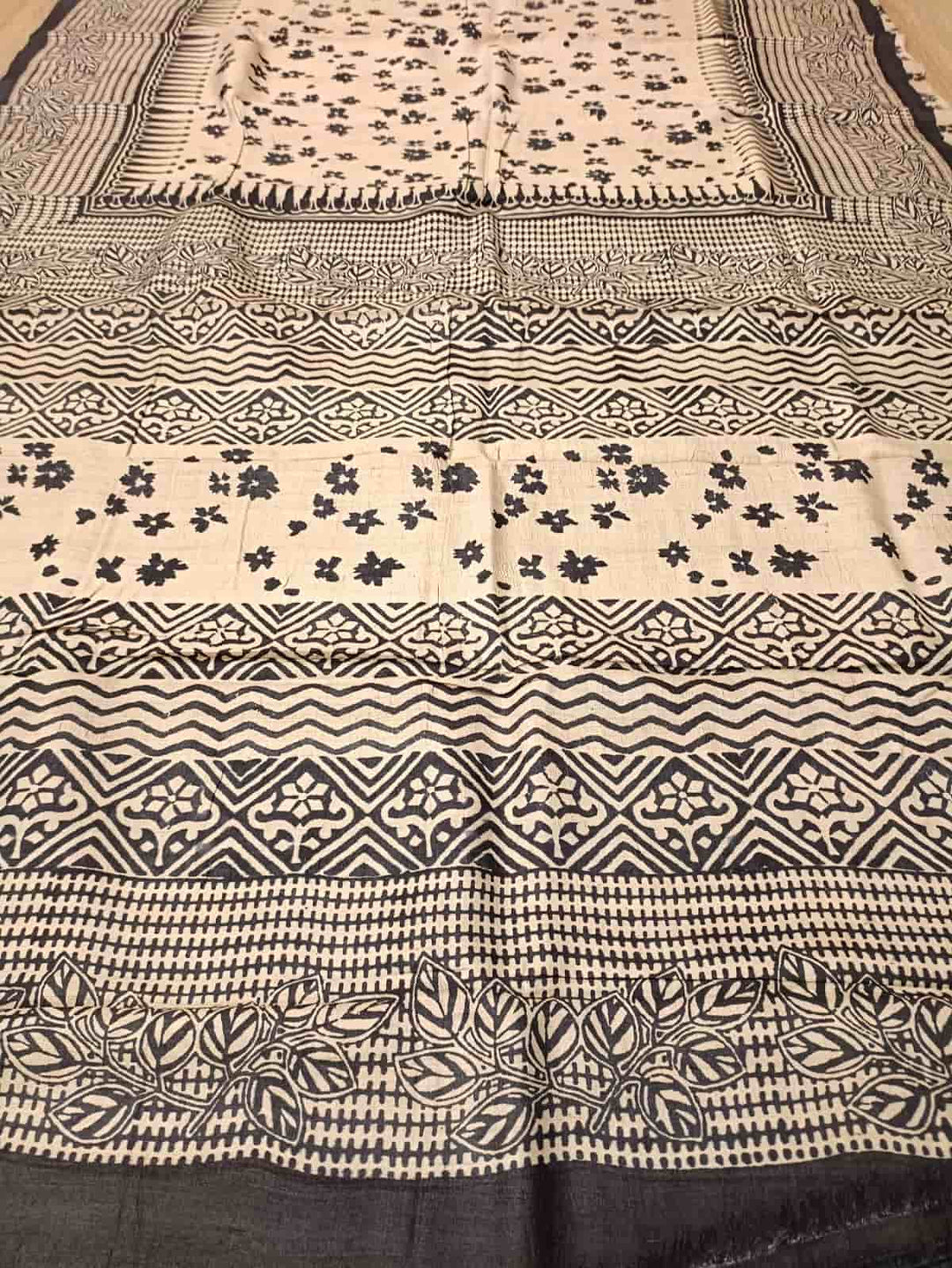 Cream & Black, Tussar Silk saree Balaram Saha