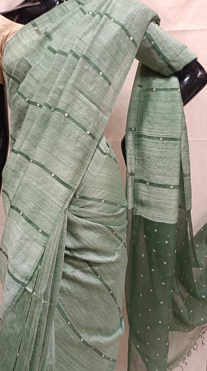 Green Matka Muslin Silk saree with sequin handwoven Balaram Saha