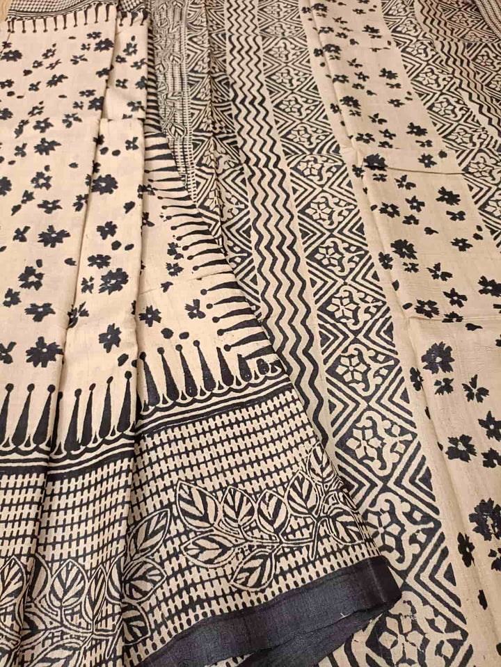 Cream & Black, Tussar Silk saree Balaram Saha