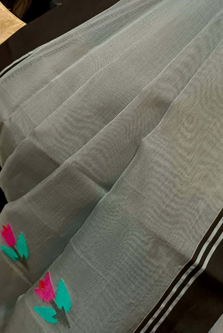 Grey & Black  Handloom Muslin Silk Jamdani Saree Balaram Saha