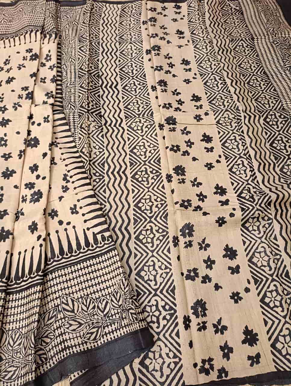 Cream & Black, Tussar Silk saree Balaram Saha