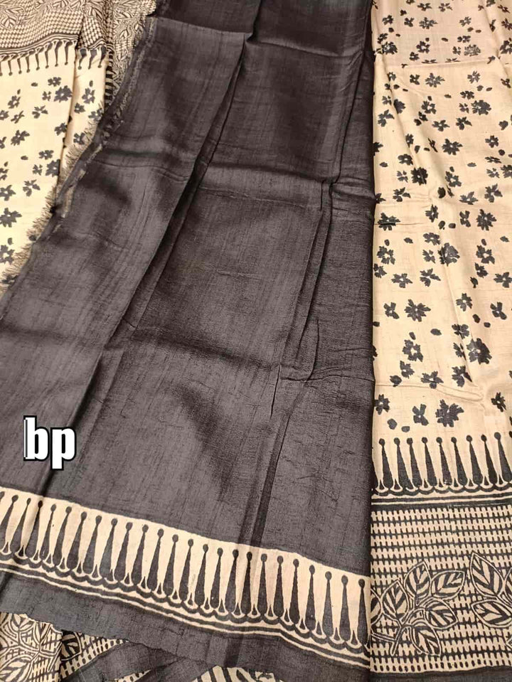 Cream & Black, Tussar Silk saree Balaram Saha
