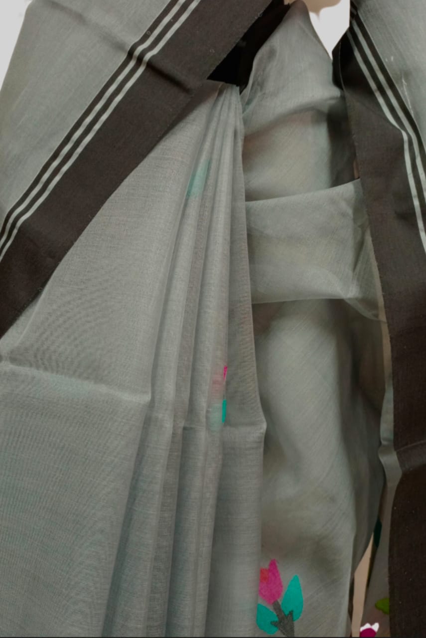 Grey & Black  Handloom Muslin Silk Jamdani Saree Balaram Saha