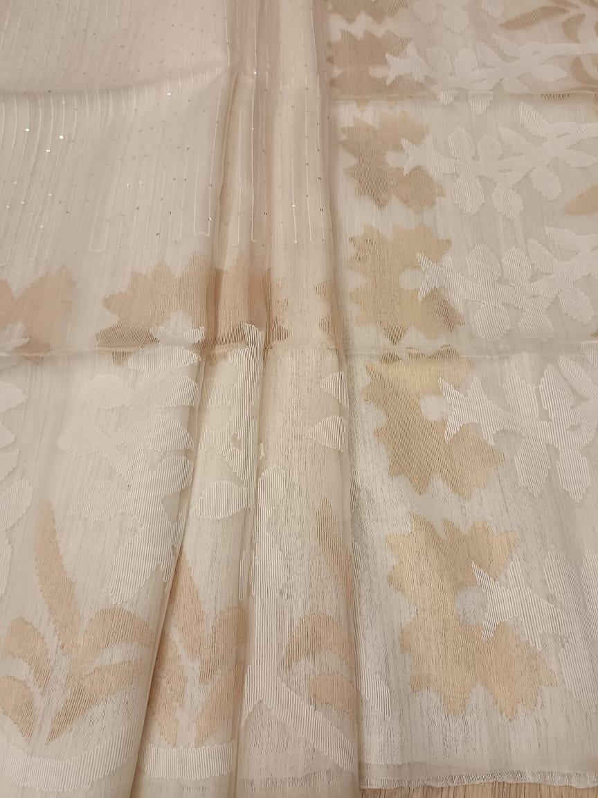 WHITE ON WHITE & Gold MATKA MUSLIN JAMDANI WEAVE SAREE Balaram Saha