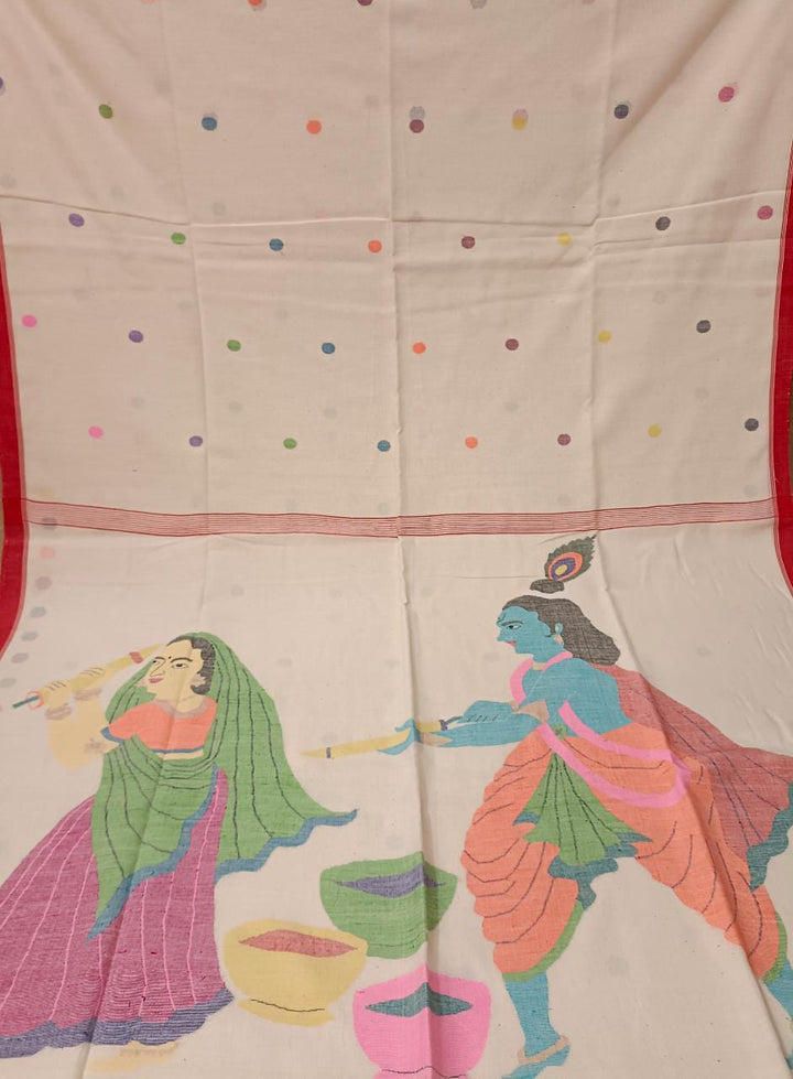 Holi Special: Off White & Red with multi colour, Handspun & Handwoven soft cotton Jamdani saree Balaram Saha