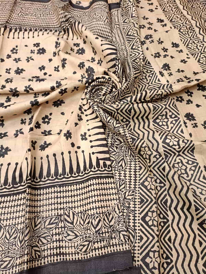 Cream & Black, Tussar Silk saree Balaram Saha