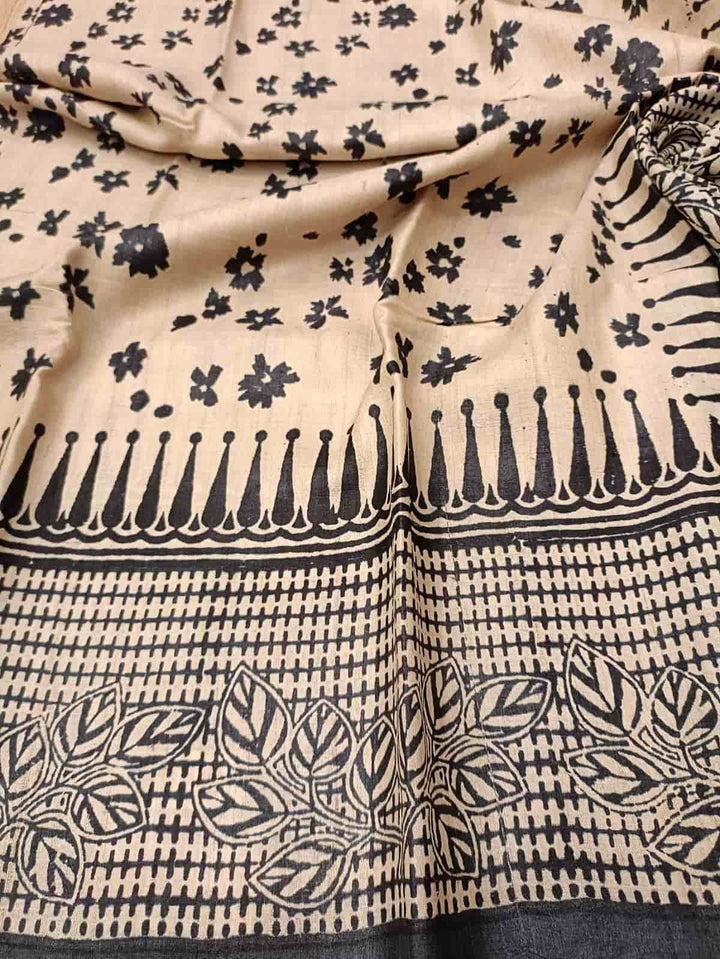 Cream & Black, Tussar Silk saree Balaram Saha
