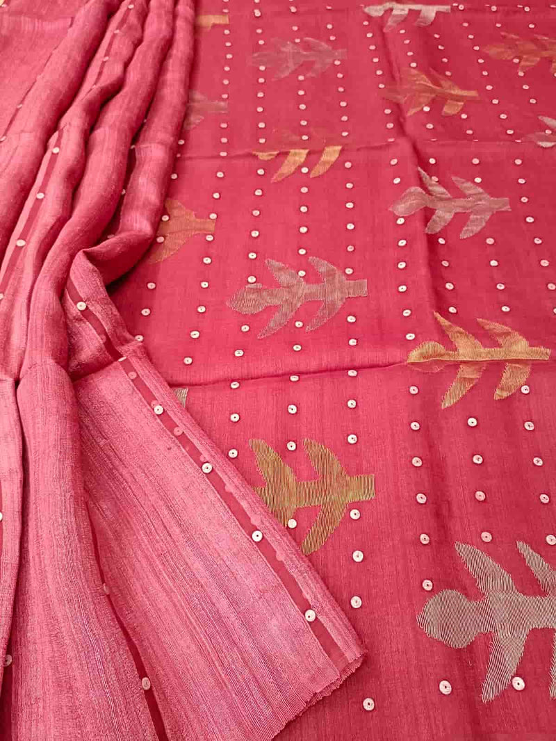 Dark Rose Pink Matka Muslin Silk saree Balaram Saha