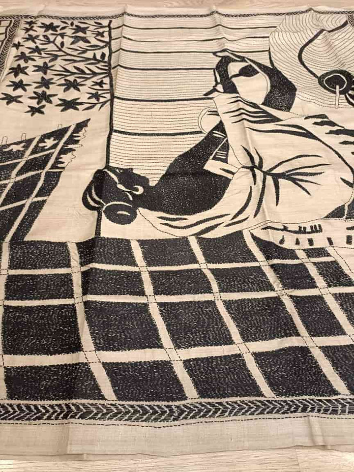Exclusive Natural Shade & Black, Tussar Silk Kantha Saree With Black Thread Balaram Saha