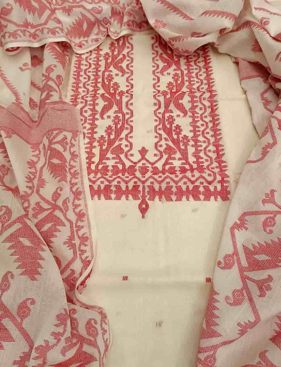 SOFT COTTON UNSTITCHED WHITE & RED JAMDANI 2 PIECE SET Balaram Saha