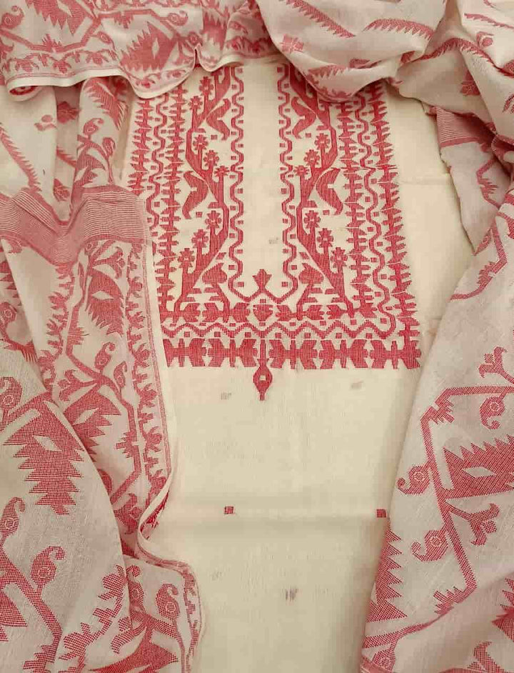 SOFT COTTON UNSTITCHED WHITE & RED JAMDANI 2 PIECE SET Balaram Saha