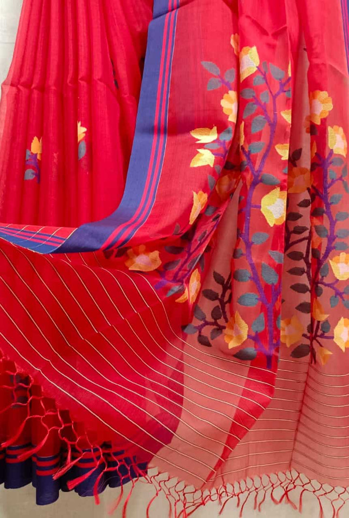 Red & Blue Handloom Muslin Silk Jamdani Saree Balaram Saha