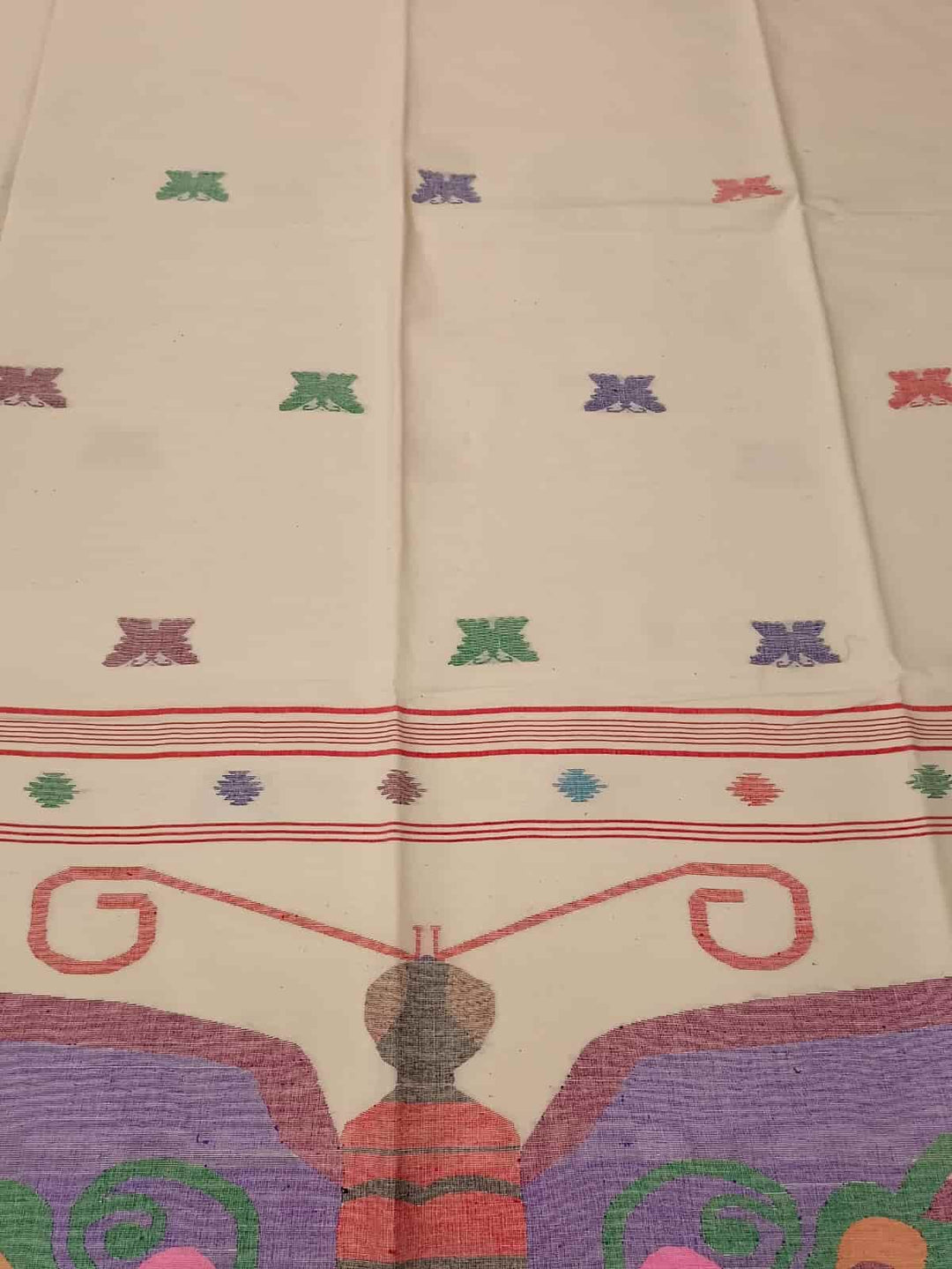 Handspun & Handwoven soft cotton, White & Red Jamdani saree Balaram Saha
