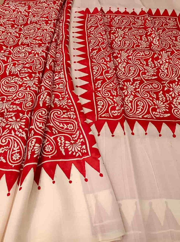 Red & White Pure Bengal Silk Handblock print saree Balaram Saha