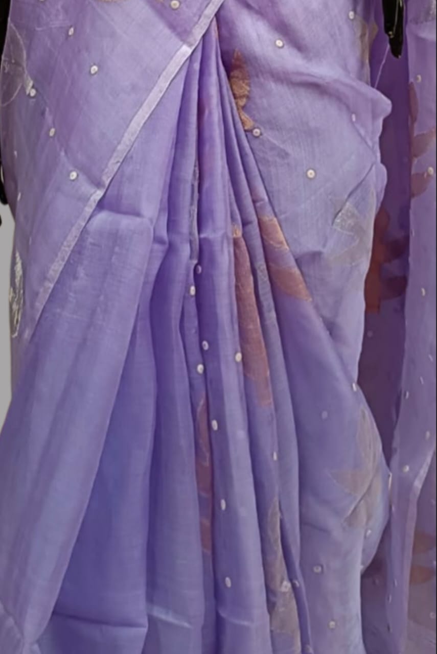 Lilac Muslin Silk Jamdani Saree with all over Leaves in Gold & Silver zari Balaram Saha
