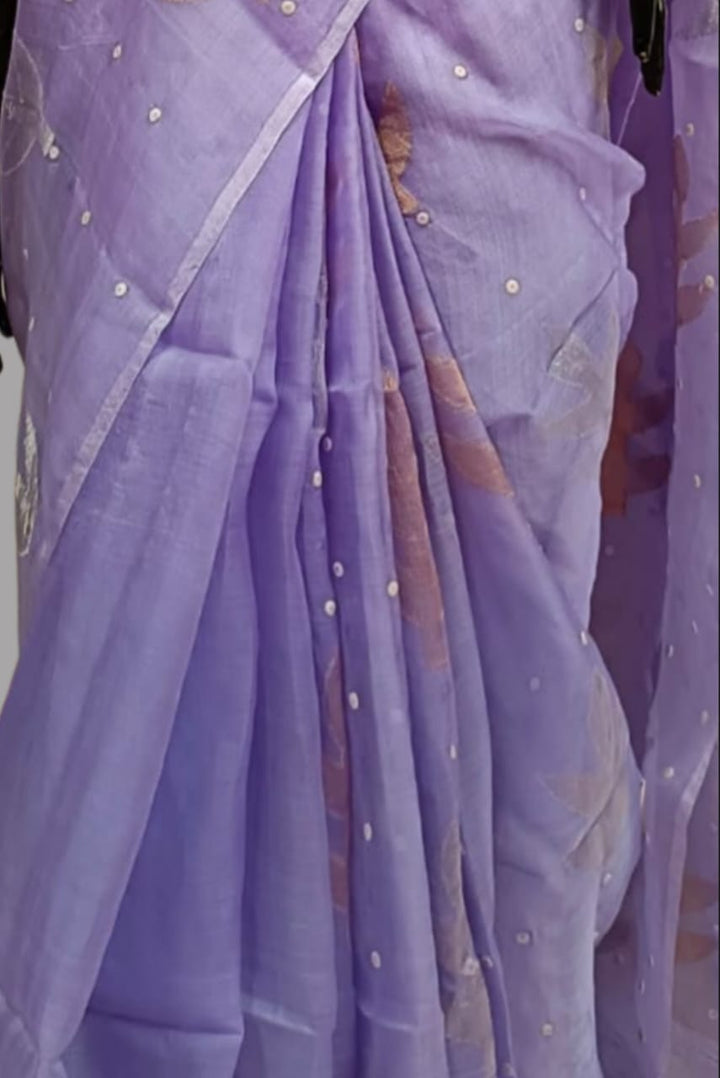 Lilac Muslin Silk Jamdani Saree with all over Leaves in Gold & Silver zari Balaram Saha