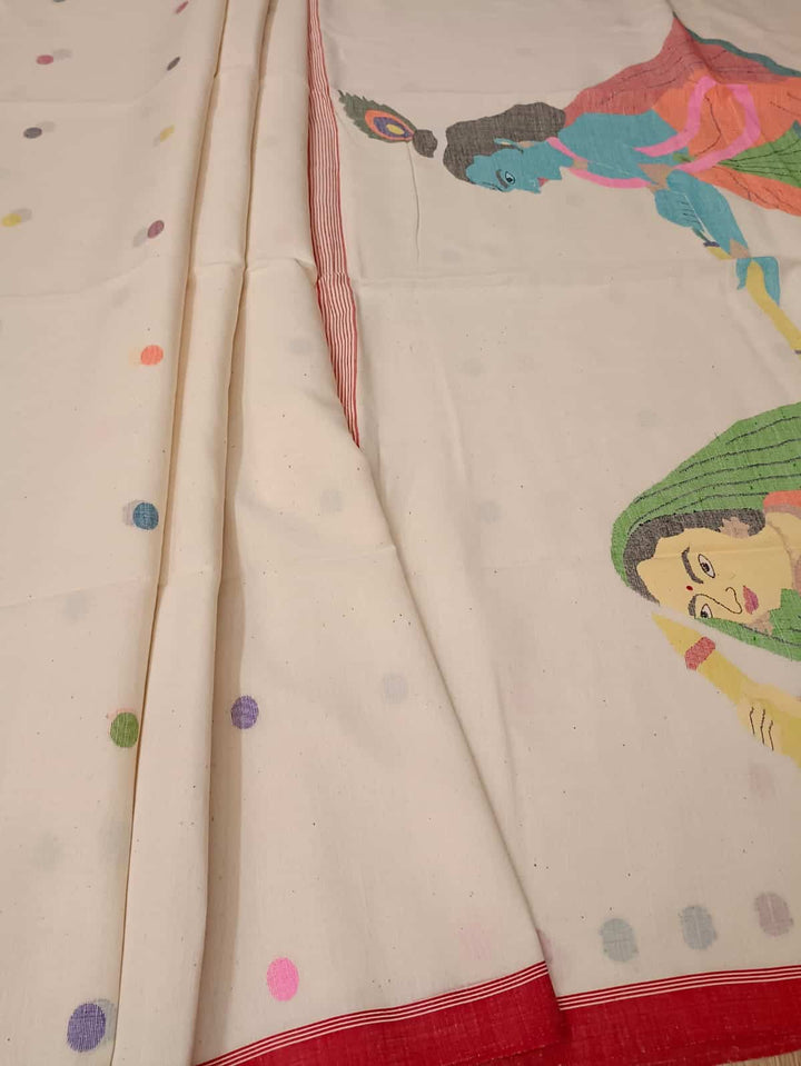 Holi Special: Off White & Red with multi colour, Handspun & Handwoven soft cotton Jamdani saree Balaram Saha