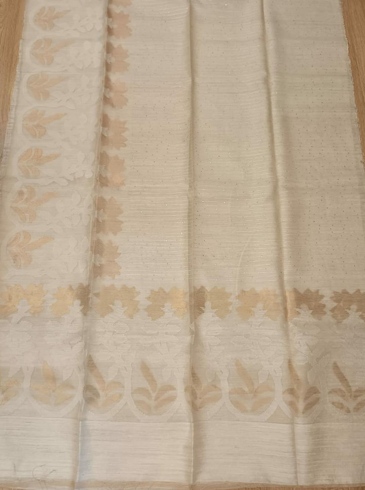 WHITE ON WHITE & Gold MATKA MUSLIN JAMDANI WEAVE SAREE Balaram Saha