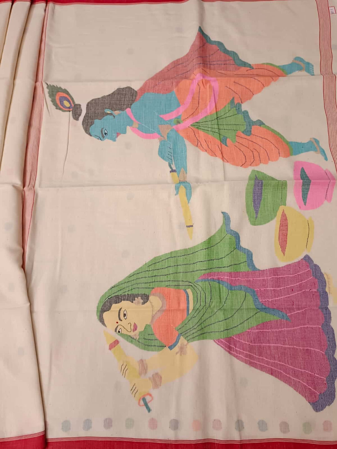 Holi Special: Off White & Red with multi colour, Handspun & Handwoven soft cotton Jamdani saree Balaram Saha
