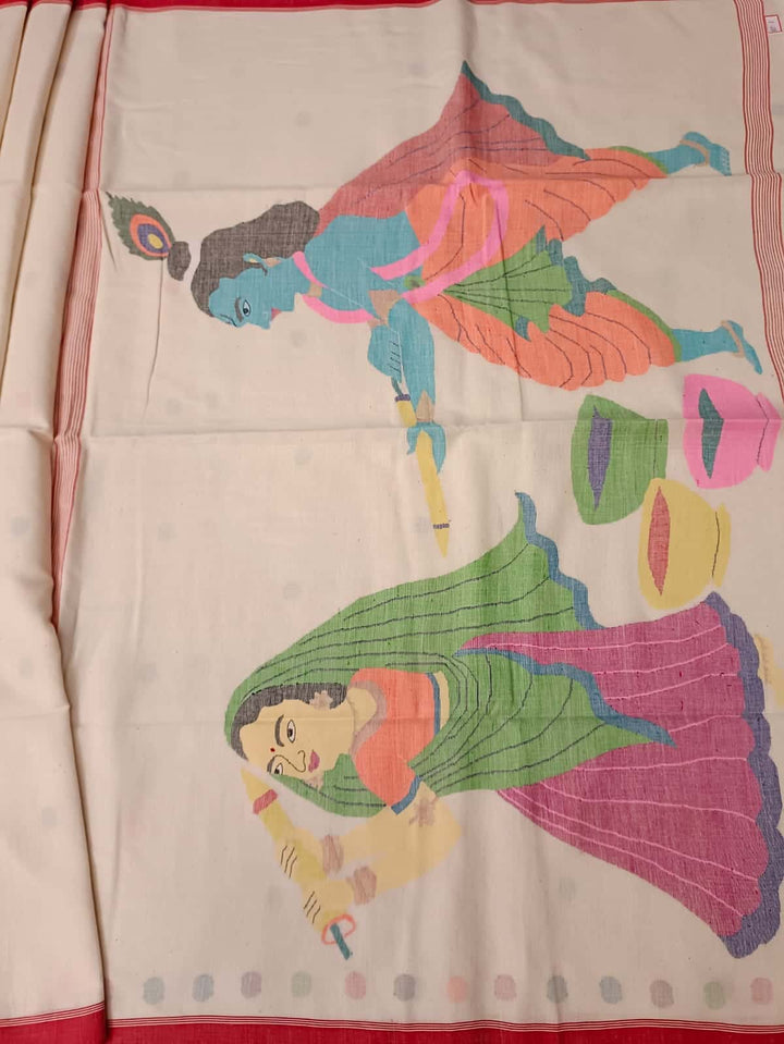 Holi Special: Off White & Red with multi colour, Handspun & Handwoven soft cotton Jamdani saree Balaram Saha