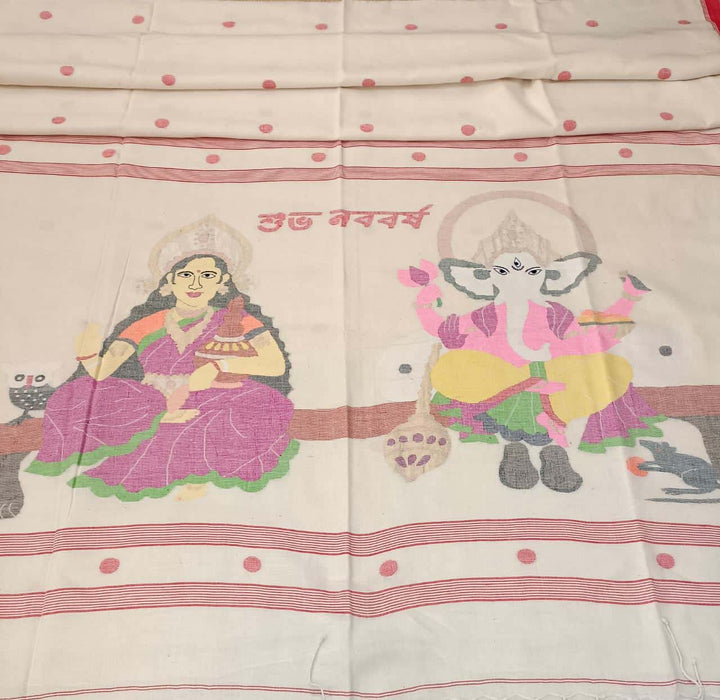 Shubho Nobo Borsho Special Saree: Handspun & Handwoven soft cotton saree in White & Red with goddess Lakshmi & Lord Ganesh handwoven on the Aanchal. All over the body Polka Dot weave. Blouse Piece.
