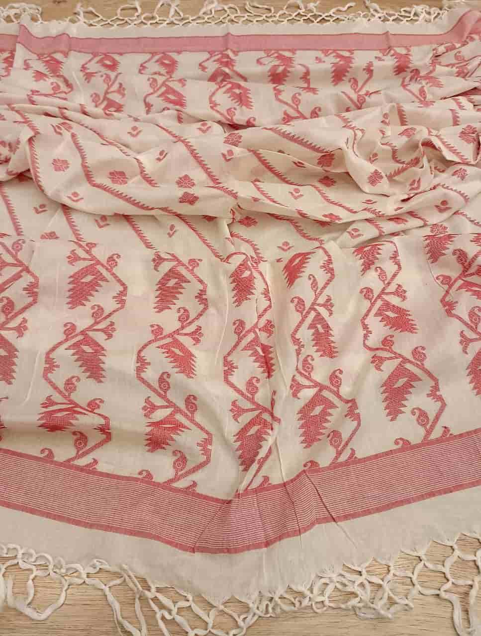 SOFT COTTON UNSTITCHED WHITE & RED JAMDANI 2 PIECE SET Balaram Saha